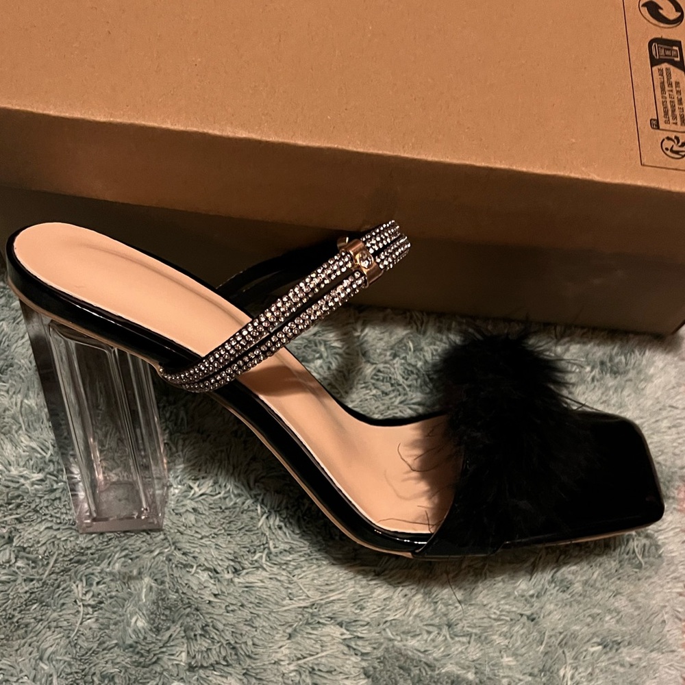 Black & clear feather marabou rhinestone heels